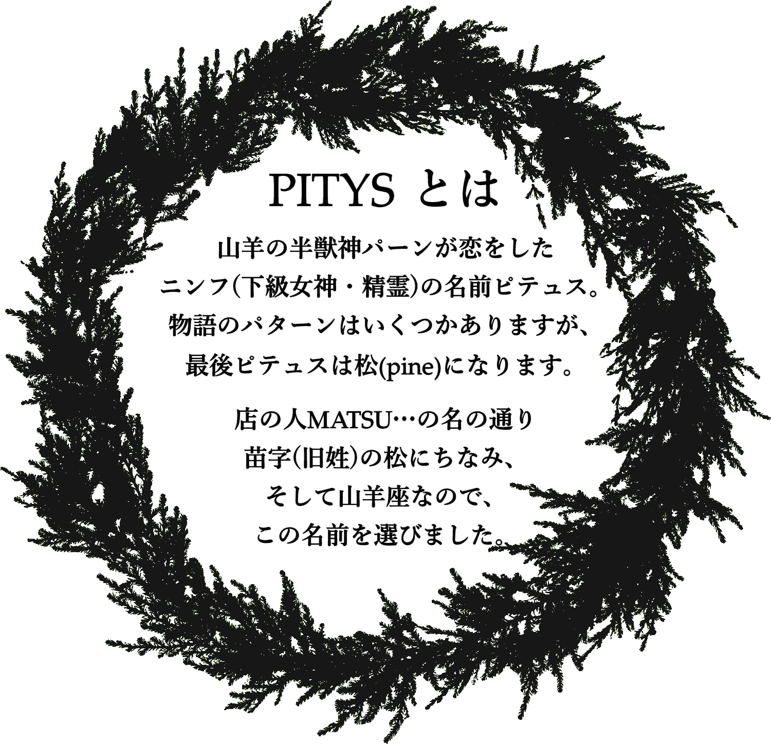 �R�r�̔��b�_�p�[�������������j���t(�������_�E����)�̖��O�s�e���X�B����̃p�^�[���͂���������܂����A�Ō�s�e���X�͏�(pine)�ɂȂ�܂��B�X�̐lMATSU�c�̖��̒ʂ�A�c��(����)�̏��ɂ��Ȃ݁A�����ĎR�r���Ȃ̂ŁA���̖��O��I�т܂����B